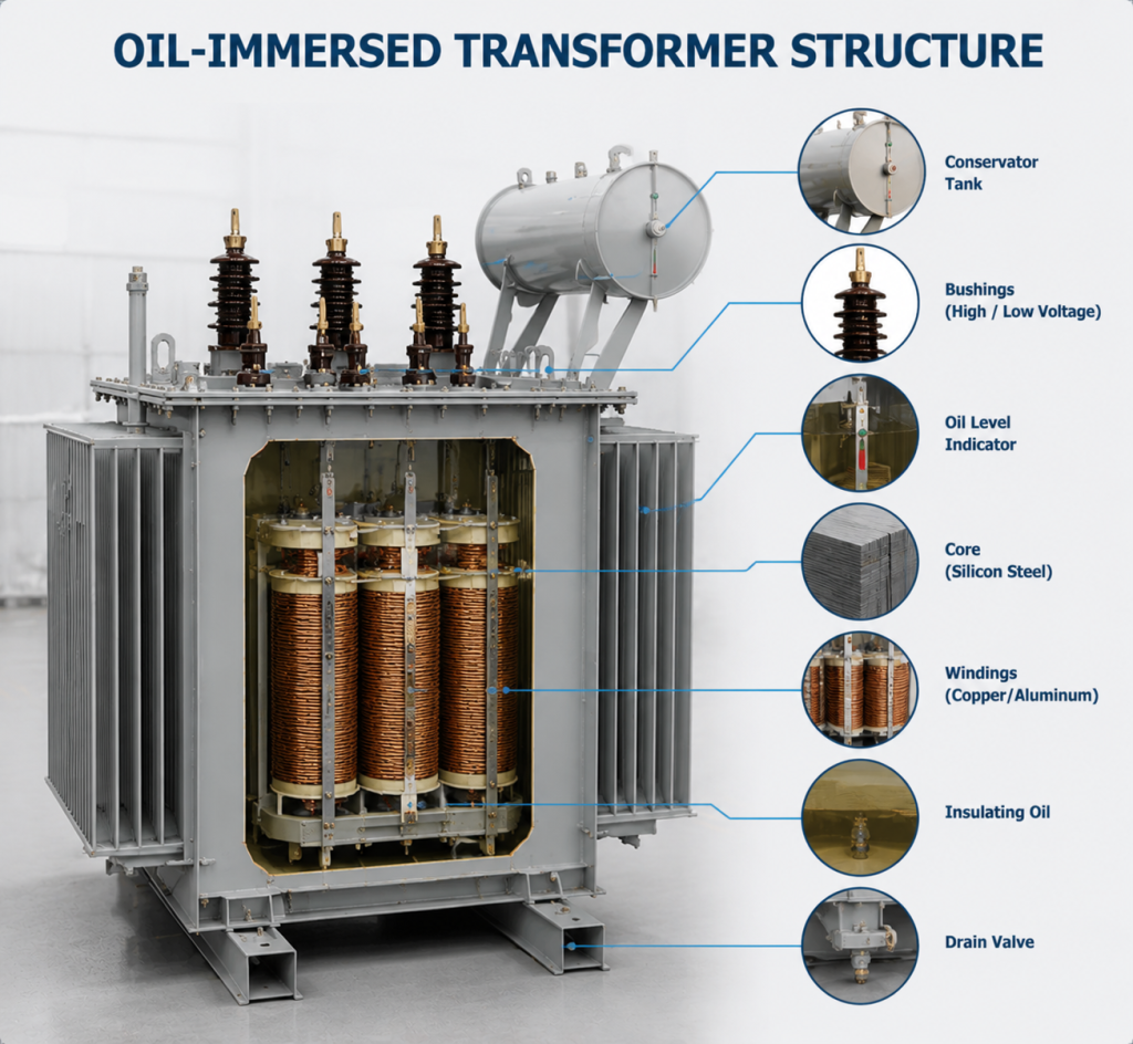 Oil-Immersed Transformer Structure with Conservator Tank, Bushings, Oil Level Indicator, Core, Copper/Aluminum Windings, Drain Valve