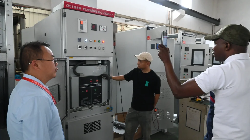 Gabonese technical personnel learning operation procedures of CMC Electric low-voltage switchgear during practical training