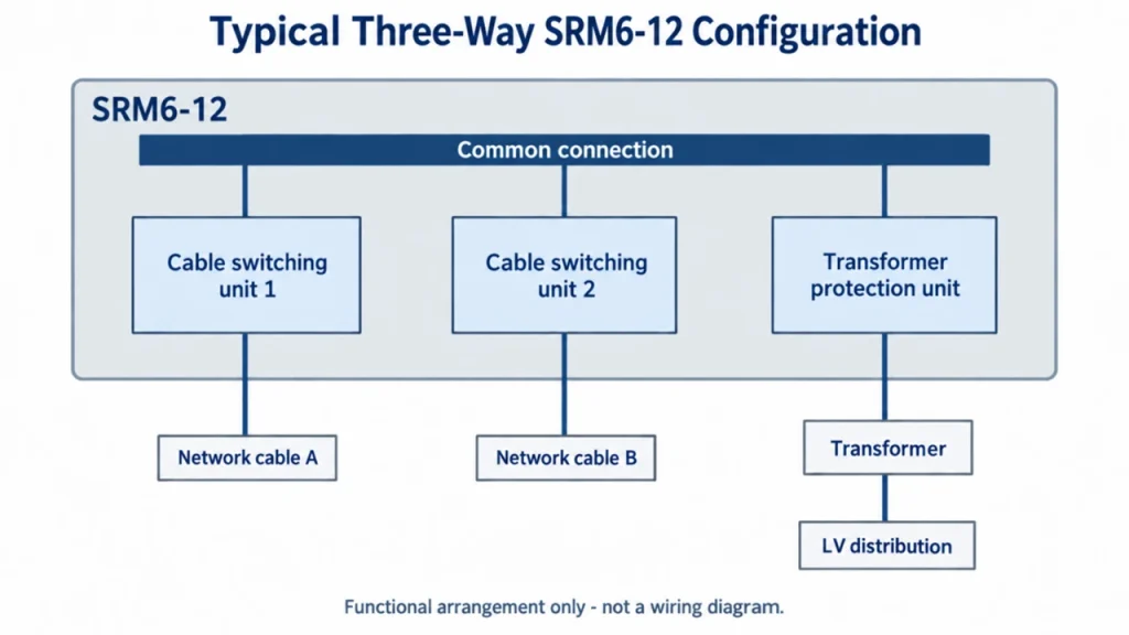 Typical three-way SRM6-12 configuration with two cable switching units and one transformer protection unit