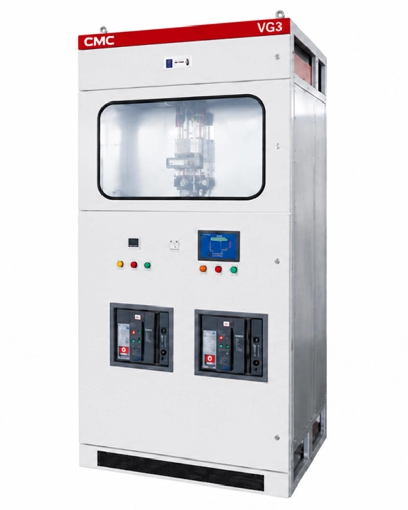CMC VG3 low-voltage switchgear cabinet with viewing window, circuit breakers and monitoring display