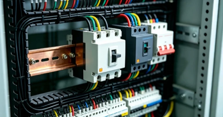 Internal components of a low-voltage switchgear panel with circuit breakers, wiring and control components
