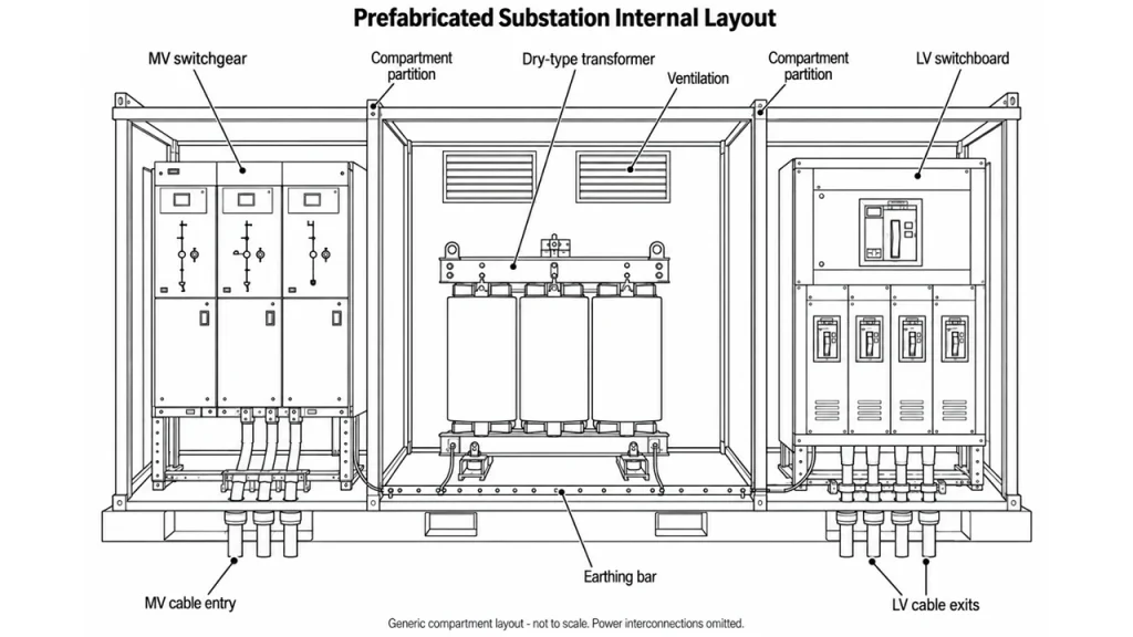 Prefabricated substation internal layout with MV switchgear, transformer, and LV switchgear