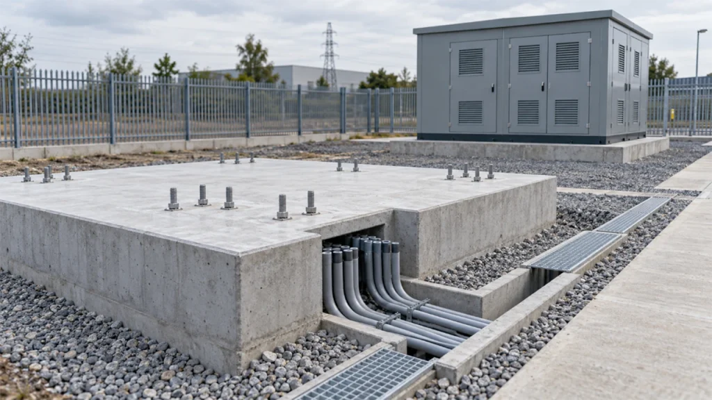 Prefabricated substation installation with concrete foundation and cable connections