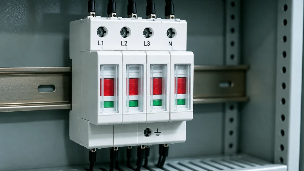 Four-pole surge protective device installed in a low-voltage switchgear cabinet